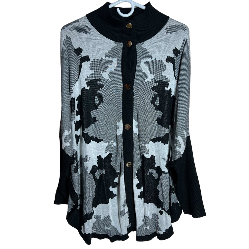 Joseph A. Knit Sweater Collared Snap Button Ribbed Sleeve Black White Camo, XL